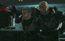 two cartoon characters are standing next to each other and one is holding a sword