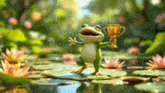 a frog on a lily pad holds a trophy