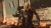 a man with a sword is standing in front of a fire