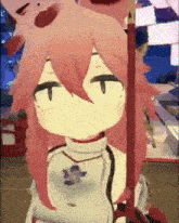 a girl with pink hair is holding a sword in her hand