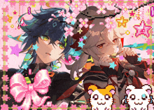 a picture of two anime characters with flowers on their hair