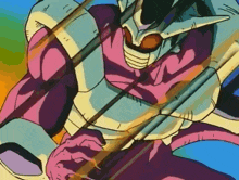a cartoon character is holding a sword in a purple and blue suit