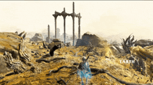 a skeleton is standing in the middle of a desert and the word earth is visible