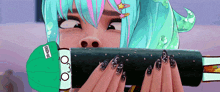 a girl with a green hat that says ' spongebob ' on it is eating a sushi roll