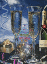 a birthday card with two glasses and a bottle of champagne