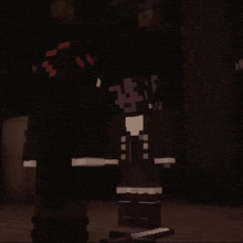 a minecraft character in a dark room with a sword