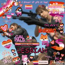 a picture of a man holding a gun with the words " lesbian " on it