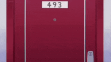 a cartoon character is kneeling down in front of a red door with the number 493 on it .