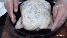 a chicken is being cooked in a skillet with the words made in animotica visible