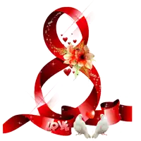 a red ribbon with the word love on it and two white birds