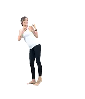 a woman is kicking her leg in the air