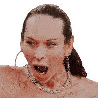 a woman wearing a choker and hoop earrings with her mouth open