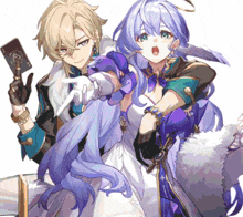 a boy and a girl are standing next to each other and the girl is pointing at the boy