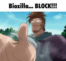 a man giving a thumbs up with the words biozilla block