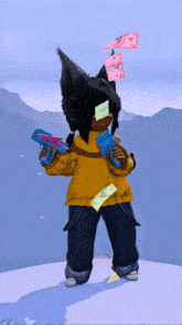 a person in a yellow sweater is holding a gun and a note that says " i love you "