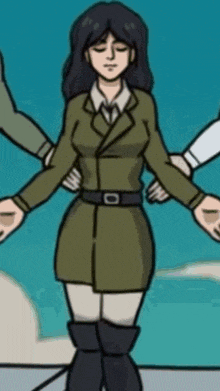 a cartoon of a woman in a green jacket and black boots is surrounded by people .