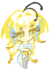 a cartoon drawing of a bee girl with yellow hair and green eyes