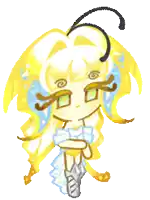 a cartoon drawing of a bee girl with yellow hair and green eyes
