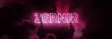 the word zernir is glowing in the dark against a dark background .