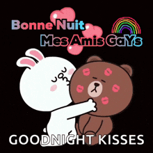 a cartoon of a rabbit kissing a teddy bear with the words " goodnight kisses " below it