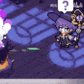 a pixel art of a girl with purple hair holding a sword and a question mark .