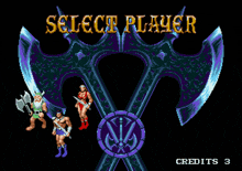 a video game screen says select player and credits 3 at the bottom