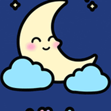 a cartoon drawing of a sleeping crescent moon with clouds and stars in the background