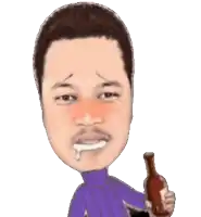 a man in a purple sweater is holding a bottle of beer and says hi