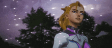 a woman in a futuristic suit stands in front of trees