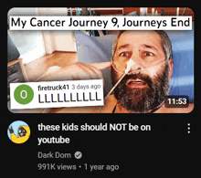a man with a beard is laying in a hospital bed with an oxygen tube in his nose