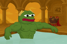 a cartoon of a frog in a bathtub with the number 42 in the background