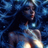 a painting of a woman with blue hair and snowflakes in her hair