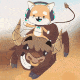 a shiba inu wearing headphones is riding on the back of a bull