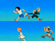 a collage of four cartoon characters one of which has the word luffy on his shirt