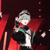 a boy with green hair and goggles is waving