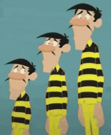 three cartoon characters are standing next to each other wearing striped shirts and yellow pants .