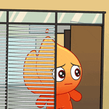 a cartoon character with a sad look on his face behind a window with blinds