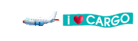a sign that says i love cargo with a plane in the background