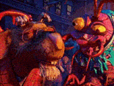 a couple of cartoon characters are standing next to each other in a dark room