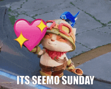 a cartoon character holding a pink heart with the words its seemo sunday below it