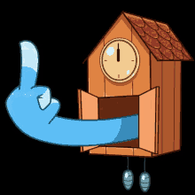 a cartoon drawing of a cuckoo clock with a blue hand giving the middle finger