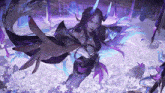 a painting of a woman with purple hair and horns reaching out