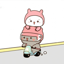 a couple of cartoon characters riding a scooter with one wearing a pink hat