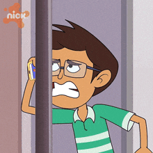 a cartoon of a boy with glasses talking on a cell phone with a nick logo behind him