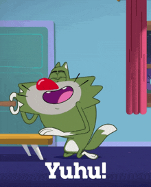 a cartoon cat with a red nose and the word yuhu below it
