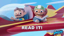 two cartoon characters in an airplane reading a book with the words read it written below them