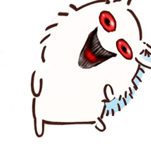 a cartoon drawing of a bear with red eyes and a blue tail