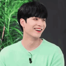 a young man wearing a green sweater is smiling while sitting in front of a plant .