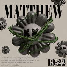 a poster that says matthew 13:22 with a flower with thorns around it