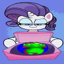 a cartoon pony with purple hair is holding a pink box with a green frog inside